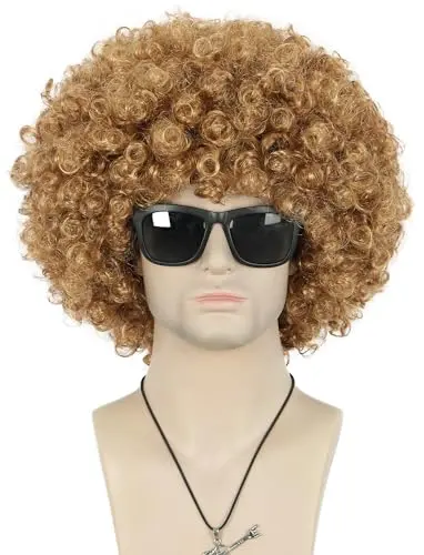 Golden curly afro wig on a costume wearer