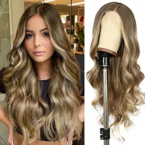 Brown lace front wig with long body wave hair and ash blonde tips