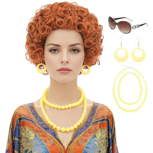 Bettecos red orange curly wig with retro accessories