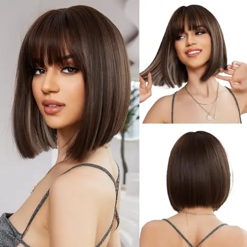 OUFEI dark brown straight bob wig with Kanekalon fibre