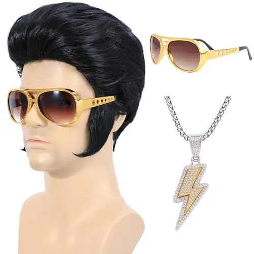 Bettecos 50s Rock Legend Wig with sunglasses and necklace