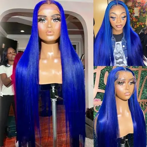 Maycaur 30 inch navy blue straight lace front wig on a model