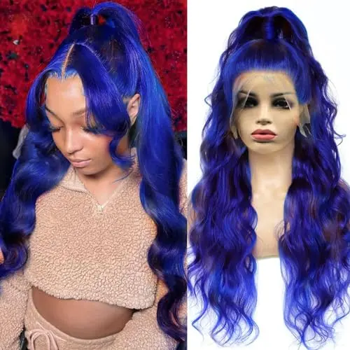 Dark blue body wave lace front wig long