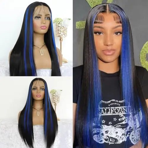 MACA BAKA 24 inch blue black lace front straight wig with pre-plucked hairline