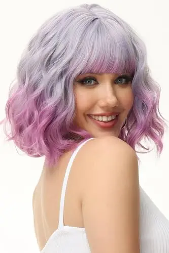 Rose bud short wavy bob wig in light purple to rose ombre