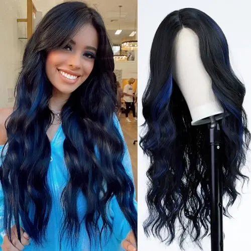 Long black wavy wig with blue highlights on mannequin