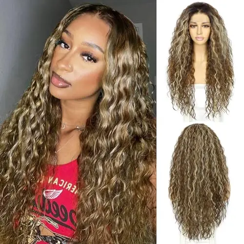 Sapphirewigs curly brown highlight synthetic lace front wig showing defined curls and lace front