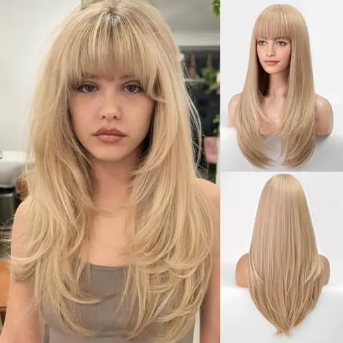 EMMOR 613 platinum blonde straight wig with bangs 26 inch