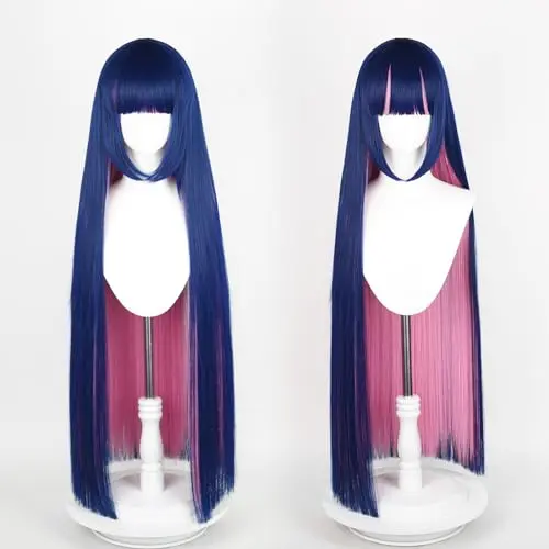 Half and Half 39 inch purple pink straight cosplay wig with bangs