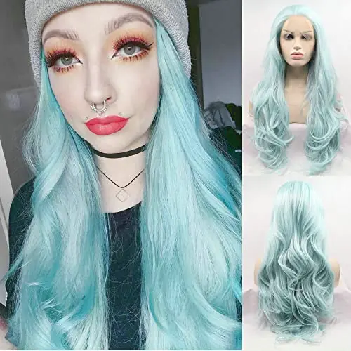SereneWig 24 inch pastel blue green mixed wavy lace front wig