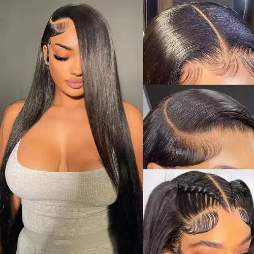 26-inch straight lace front human hair wig with 13x4 transparent lace and natural hairline