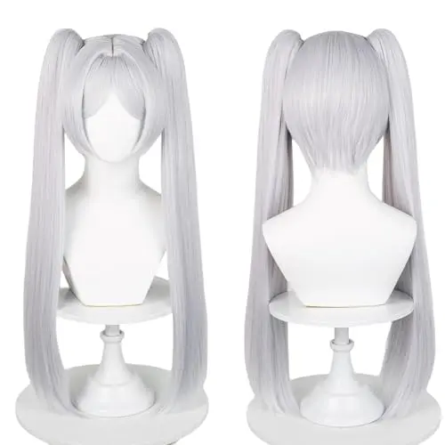 Probeauty Frieren long white ponytail cosplay wig with bangs