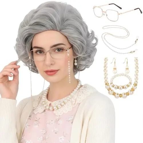Bettecos silver grey old lady wig with glasses, chain, pearl earrings, necklace, bracelet, and wig cap