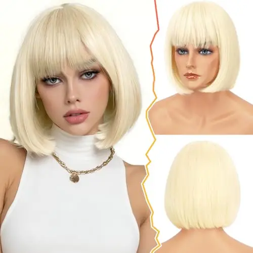 BARSDAR short platinum blonde bob wig with straight-across bangs
