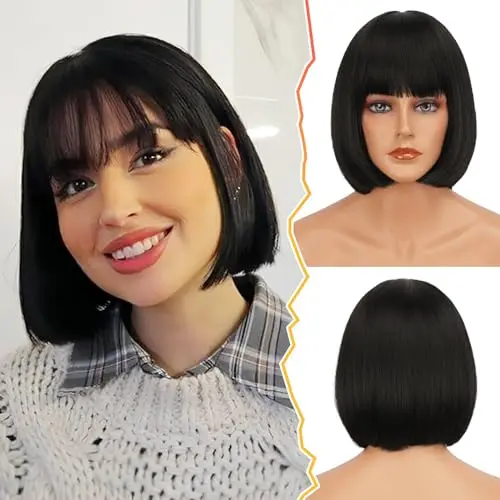 Natural black chin-length straight bob wig with straight across bangs
