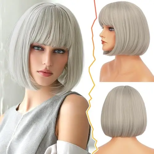 BARSDAR grey bob wig with straight bangs