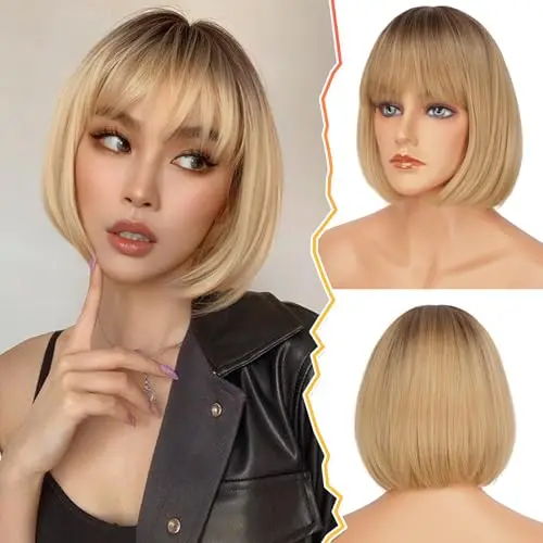 BARSDAR short bob wig with bangs in ombre blonde dark roots chin length
