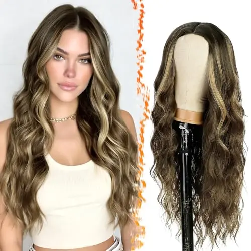 BARSDAR 26 Inch Small Lace Front Long Wavy Brown Highlights Wig