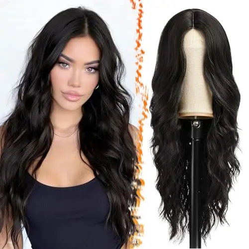 Black lace front wavy wig with middle part