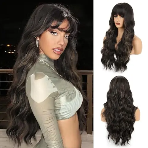 FAELBATY ombre blonde to dark brown long curly wig with bangs