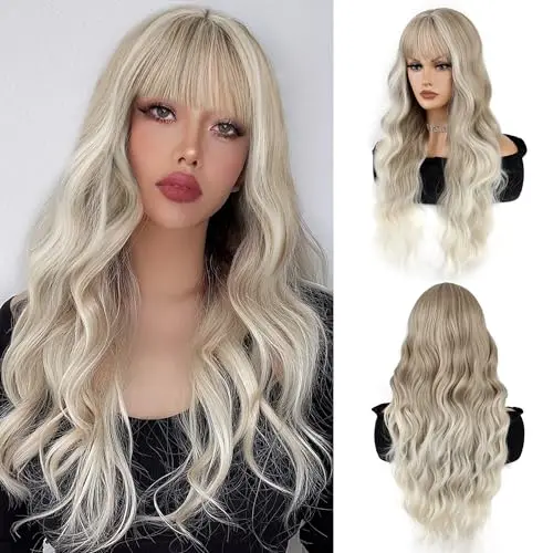 FAELBATY long curly blonde ombre wig with bangs