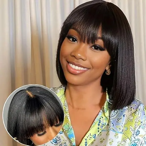Datanala 10 Inch Straight Bob Wig with Bangs in Black