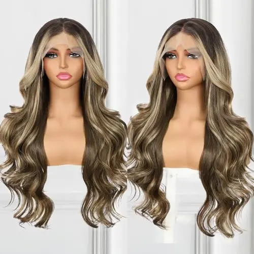 13x4 highlight brown lace front body wave wig with blonde balayage