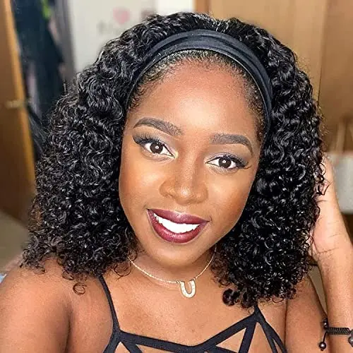 Deep wave 14-inch headband wig with adjustable cap in natural colour