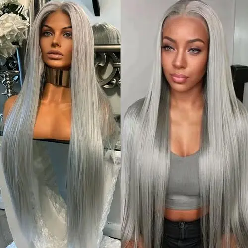 Maycaur 30 inch straight silver-grey synthetic wig with HD lace front