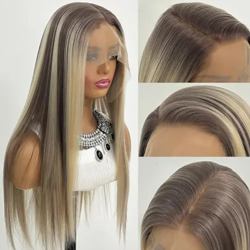 Straight ash blonde synthetic wig with 13x6 lace frontal