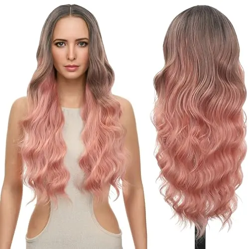 FUTAI 30 inch ombre pink wavy synthetic wig with HD lace front