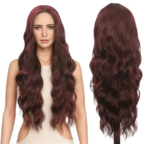 FUTAI 30 inch wavy synthetic lace front wig in wine red