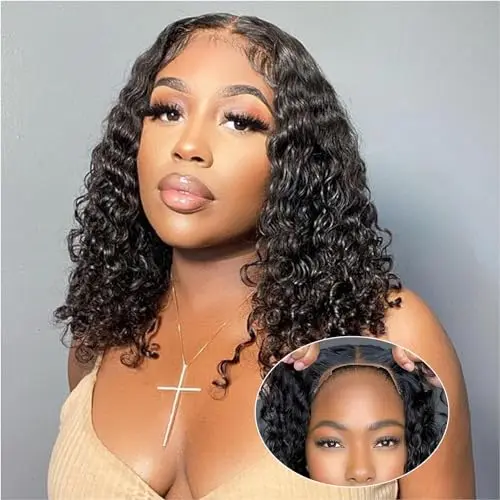 HIRIREMY 5x5 HD lace closure deep wave bob wig in natural colour