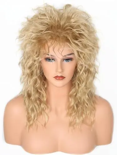 LeMarnia fluffy blonde mullet wig with matching necklace and earrings