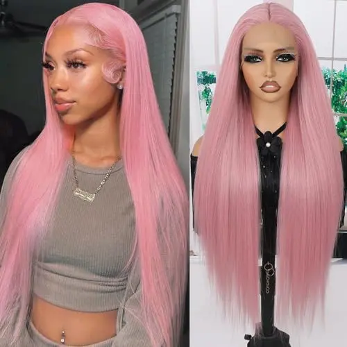 Maycaur 30 inch light yaki straight pink lace front wig