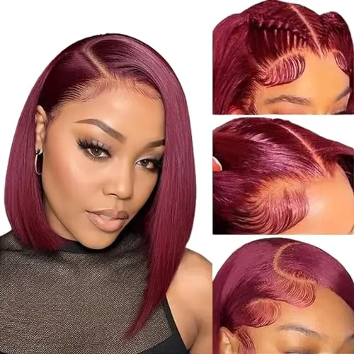 OLFORY burgundy red bob wig with transparent lace front
