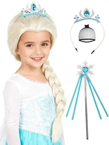 Half and Half blonde braided princess costume wig set with crown headband and wand