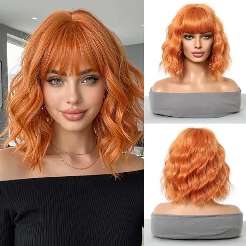Esmee Short Wave Ginger Orange Bob wig with fringe displayed on a model