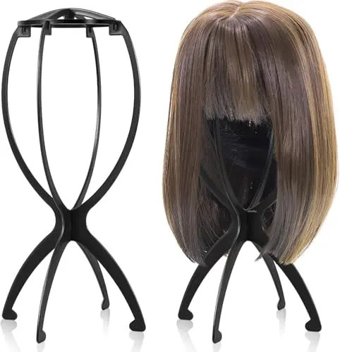 obeoby black foldable wig stands two-pack on a shelf