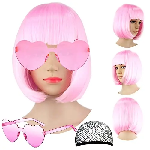 Short Bob Hair Wigs Straight with Flat Bangs Synthetic Colorful Cosplay Daily Party Neon Wig for Women Pink