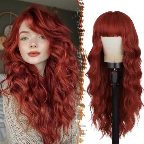 BARSDAR 26-Inch Wavy Copper Red Wig with Bangs