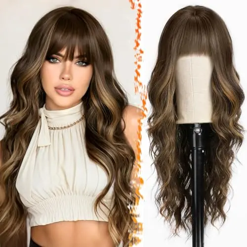 BARSDAR brown mixed blonde wavy wig with bangs