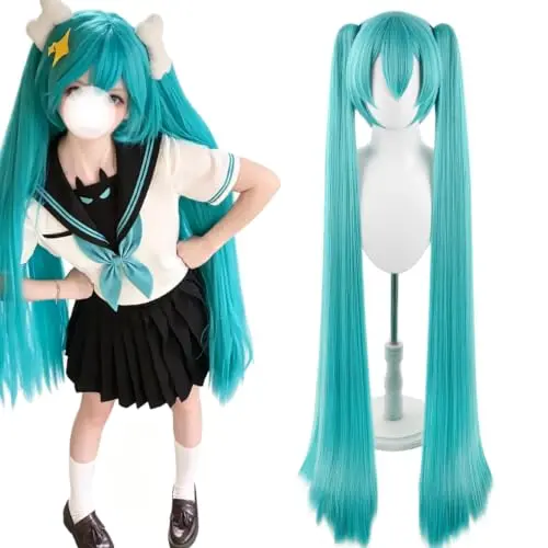 maysuwell blue long straight wig with double ponytail and lace-front bangs