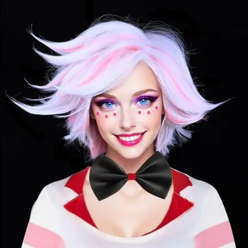 Short white and pink curly costume wig