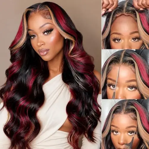 Marry Moon 13x6 HD burgundy highlight body wave human hair lace front wig