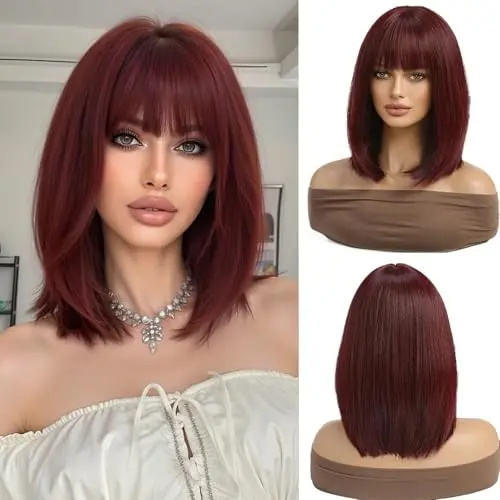 Esmee short straight wine red bob wig with fringe on a model