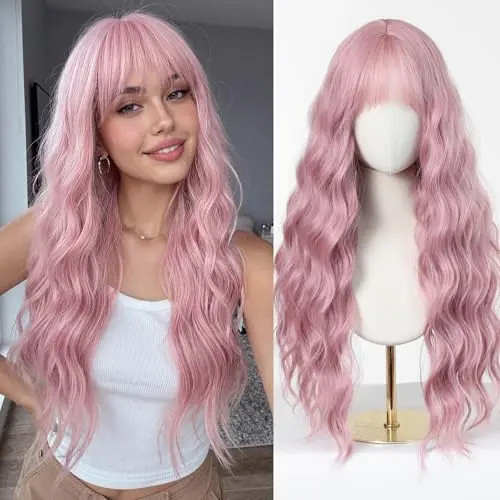 Long wavy pink synthetic wig with curtain bangs