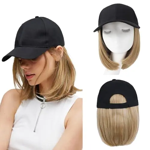 Woman wearing FORCUTEU 12 inch straight bob ball cap wig with adjustable baseball cap