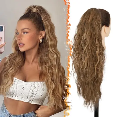 BARSDAR dark brown highlighted auburn 26-inch drawstring curly ponytail extension