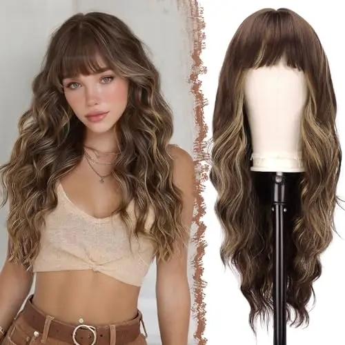 FESHFEN brown mixed blonde long wavy wig with bangs